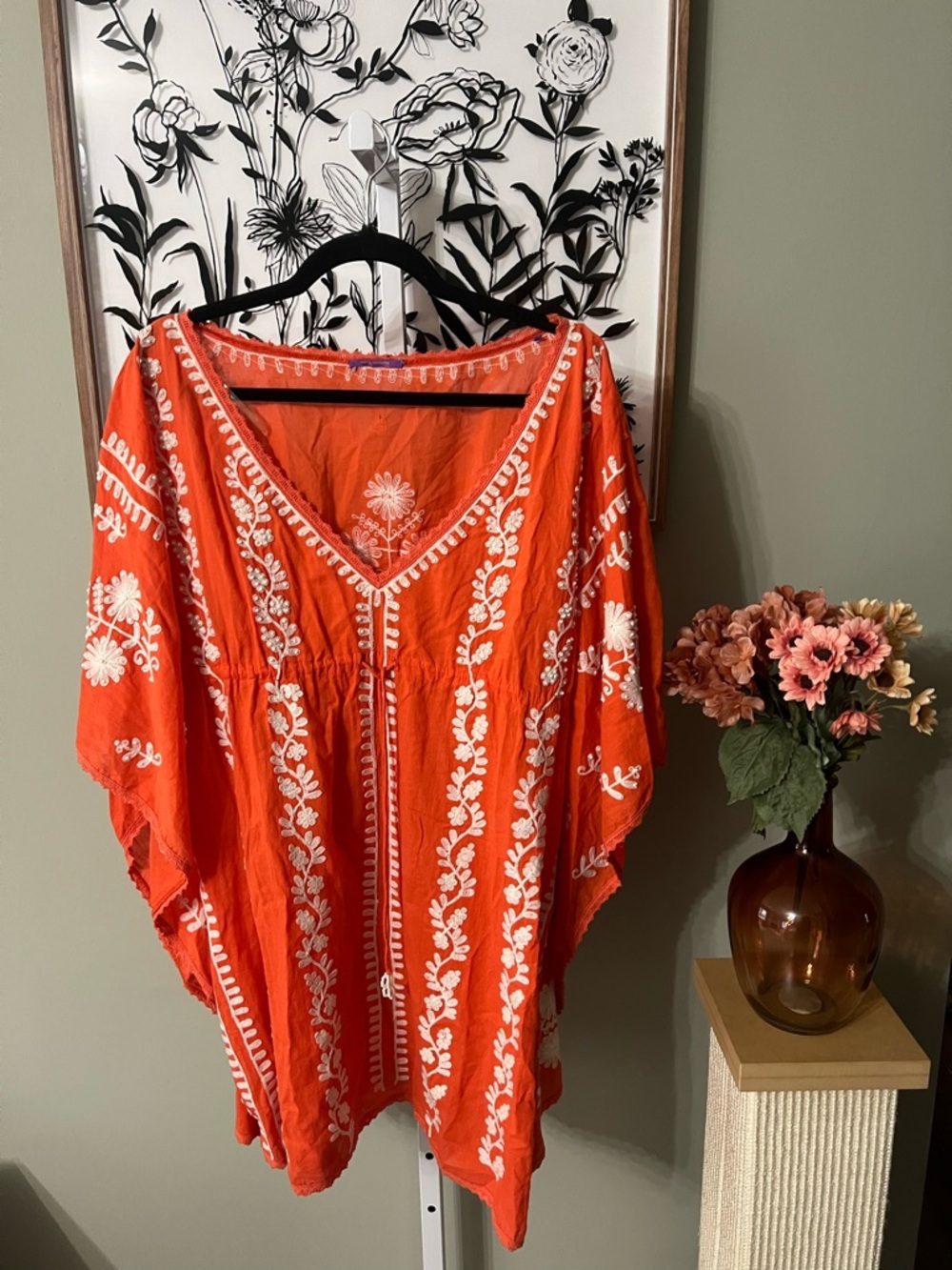 Amita Naithani Orange Kaftan Lightweight Tunic Beach Coverup Embroidered Beaded